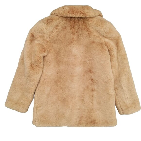 HM Faux Fur Teddy Coat Womens Beige Snap Front Collared Long Sleeve Jacket Sz 10 - Picture 2 of 9